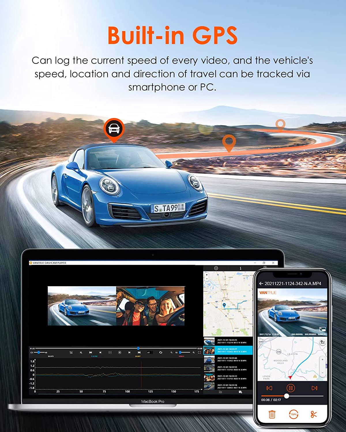 Vantrue 2 Channel WiFi Uber Dual Dash Cam,GPS,Night Vision, Touch Scre